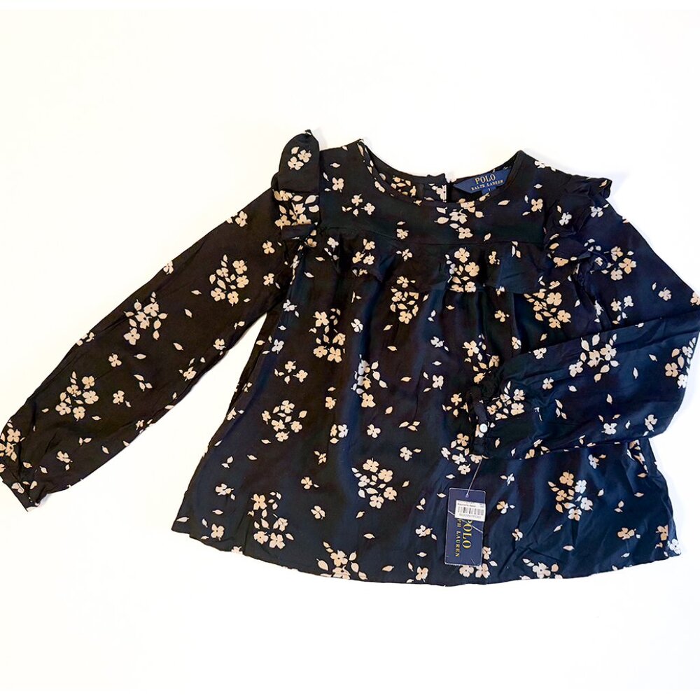 Polo Ralph Lauren black floral ruffle blouse - size 7 - NWT